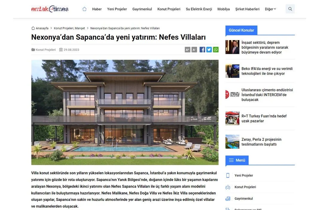 Nexonya'dan Sapanca'da Yeni Yatırım: Nefes Villaları